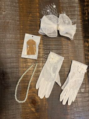 Tea Party Accessories Outfit Headpiece Bow Lace Gloves Pearl Jewerly for Wedding
